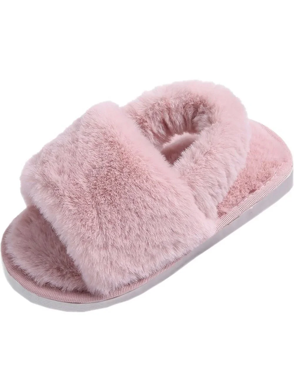 Cozy Fuzzy Fluffy Slippers for Girls - Cross Band Fur Slides & Open Toe Flip